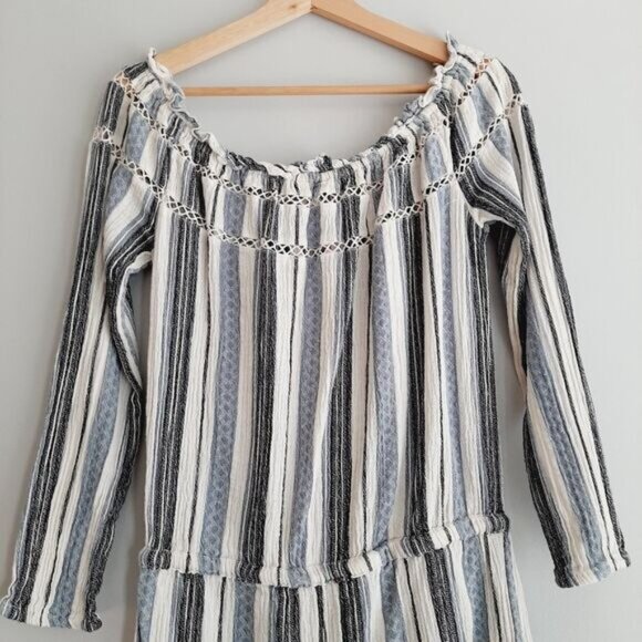 ROXY Anthem 100% Cotton Off-Shoulder Romper Blue Stripe Pattern Sz M - Picture 8 of 13